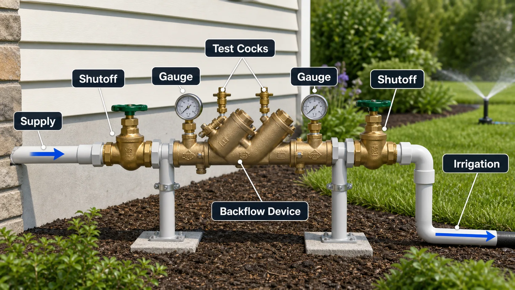Diagram of backflow prevention assembly, shutoff valves, test cocks, pressure gauge points, and irrigation line