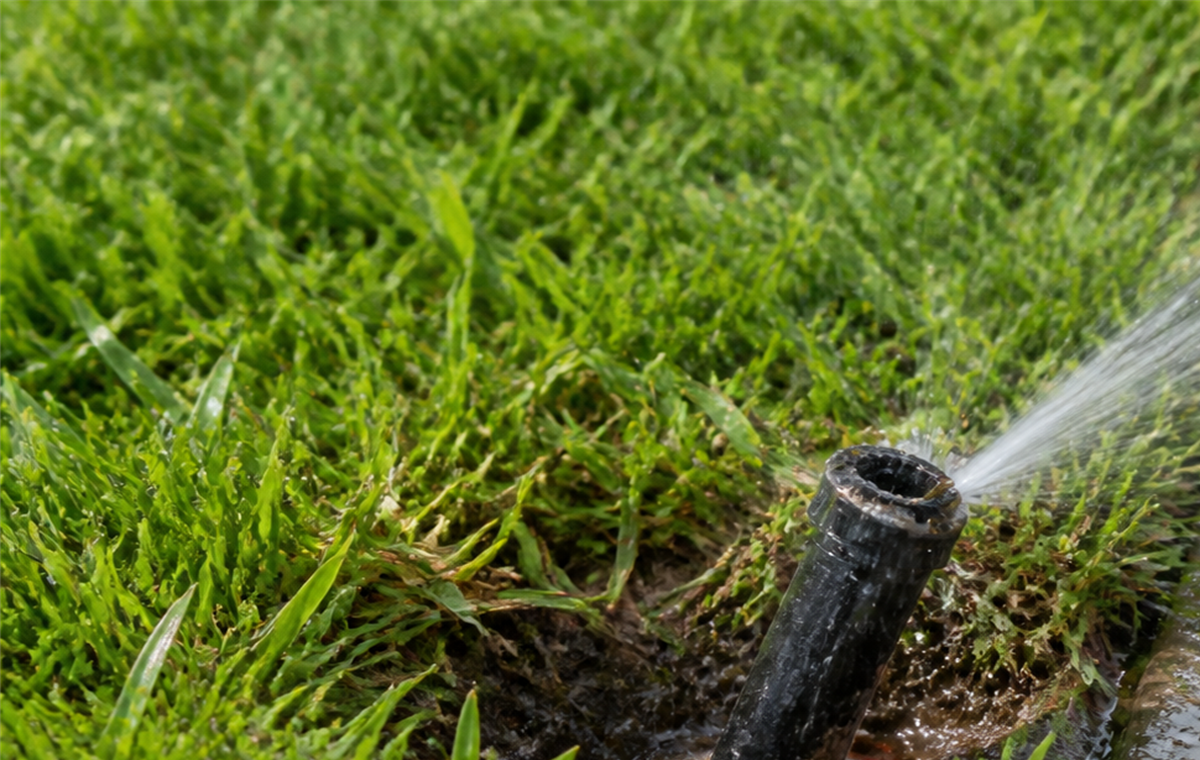 Close view of a cracked sprinkler head leaking beside a driveway edge