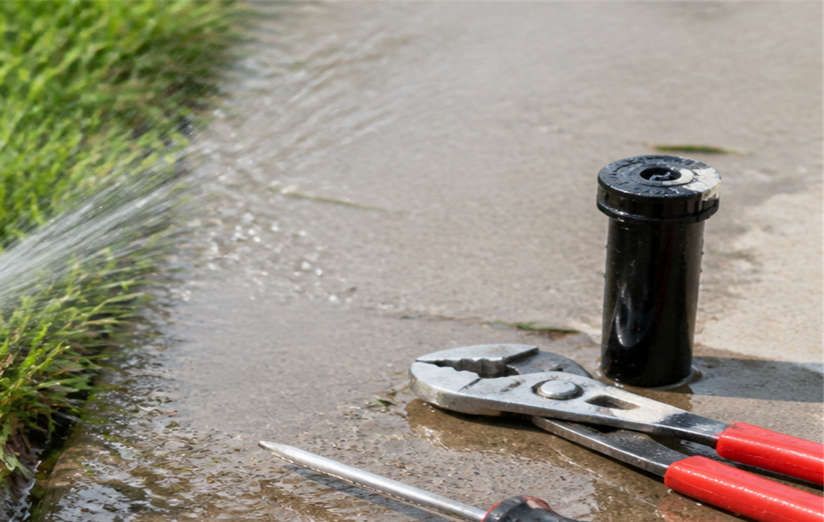 Replacement sprinkler head and hand tools beside a wet sidewalk edge