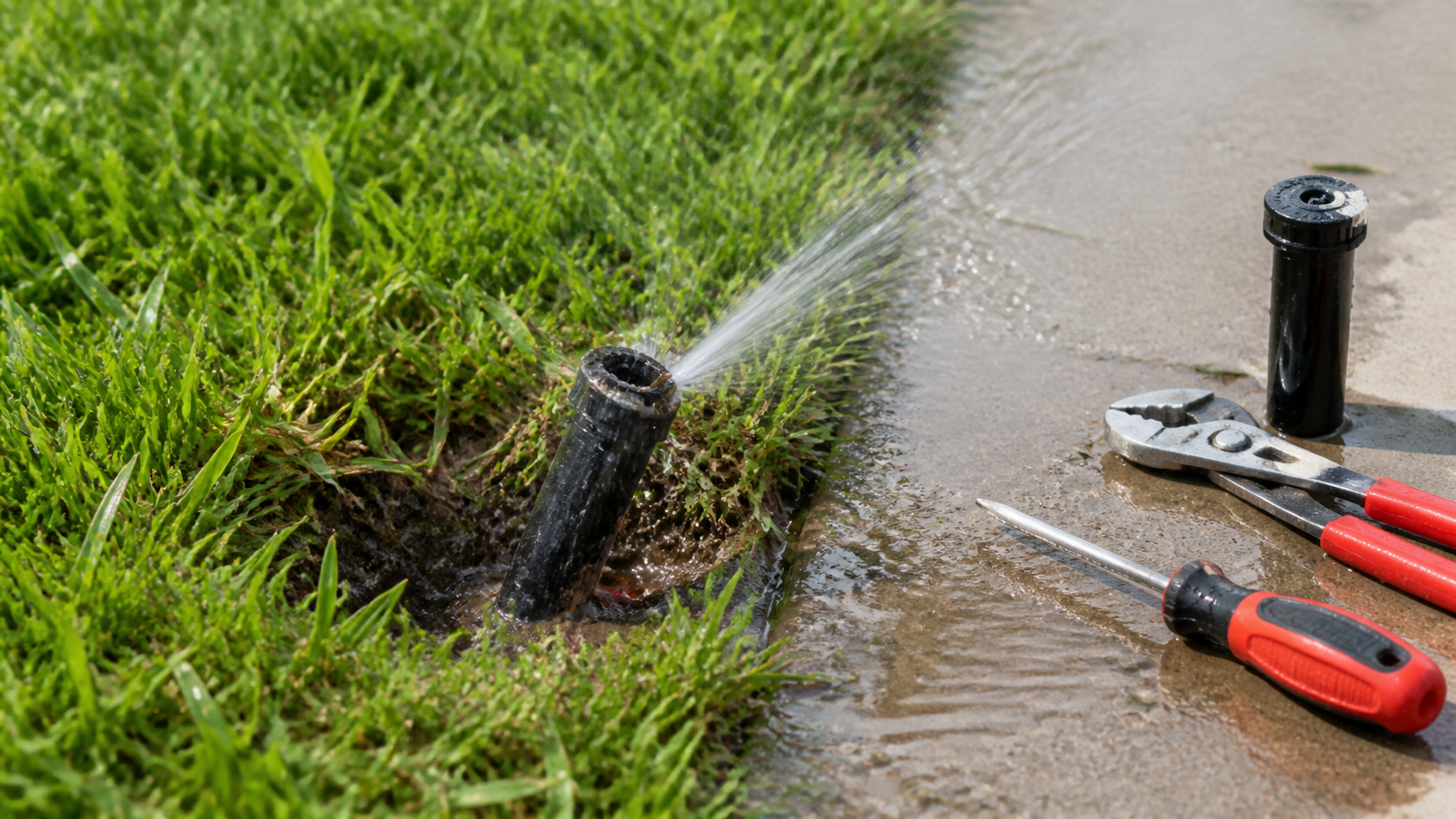 Broken sprinkler head spraying water onto a concrete sidewalk with repair tools and replacement head nearby