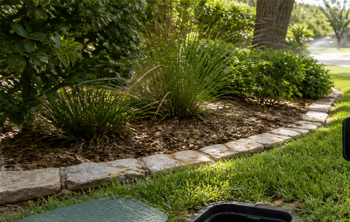 Mature landscape bed and sprinkler zone in a DeCordova or Acton style yard
