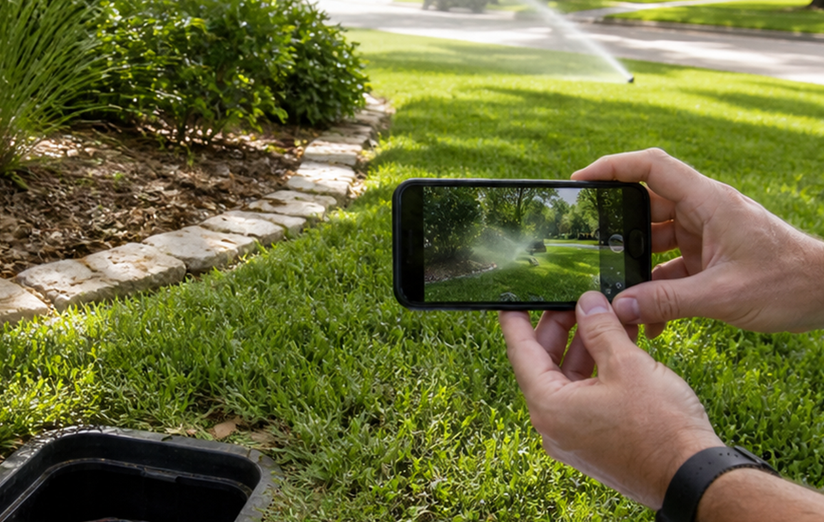 Phone documenting a sprinkler zone and valve box before a repair request