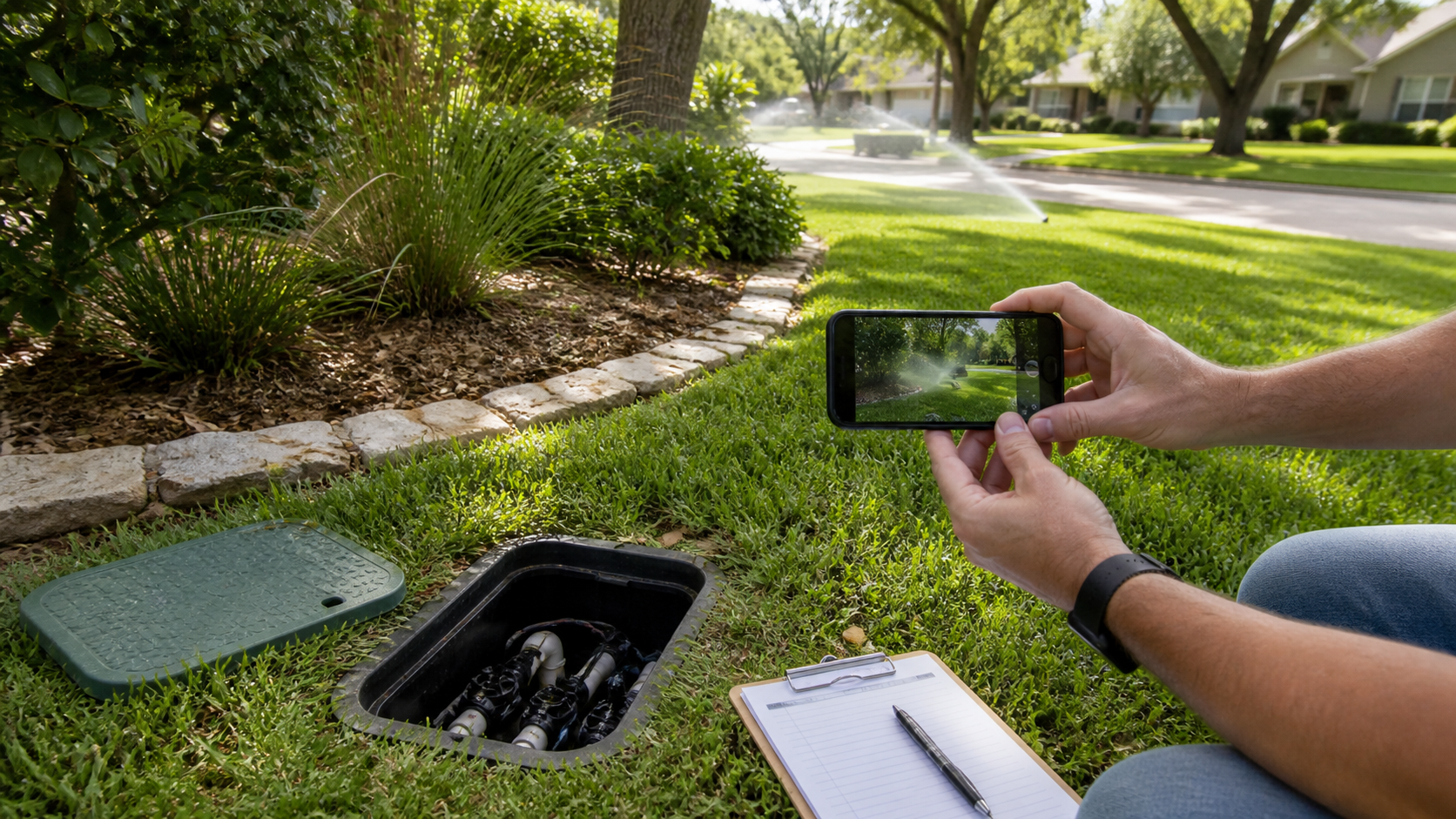 Homeowner documenting an open sprinkler valve box and active sprinkler zone with a phone in a mature Granbury-area yard
