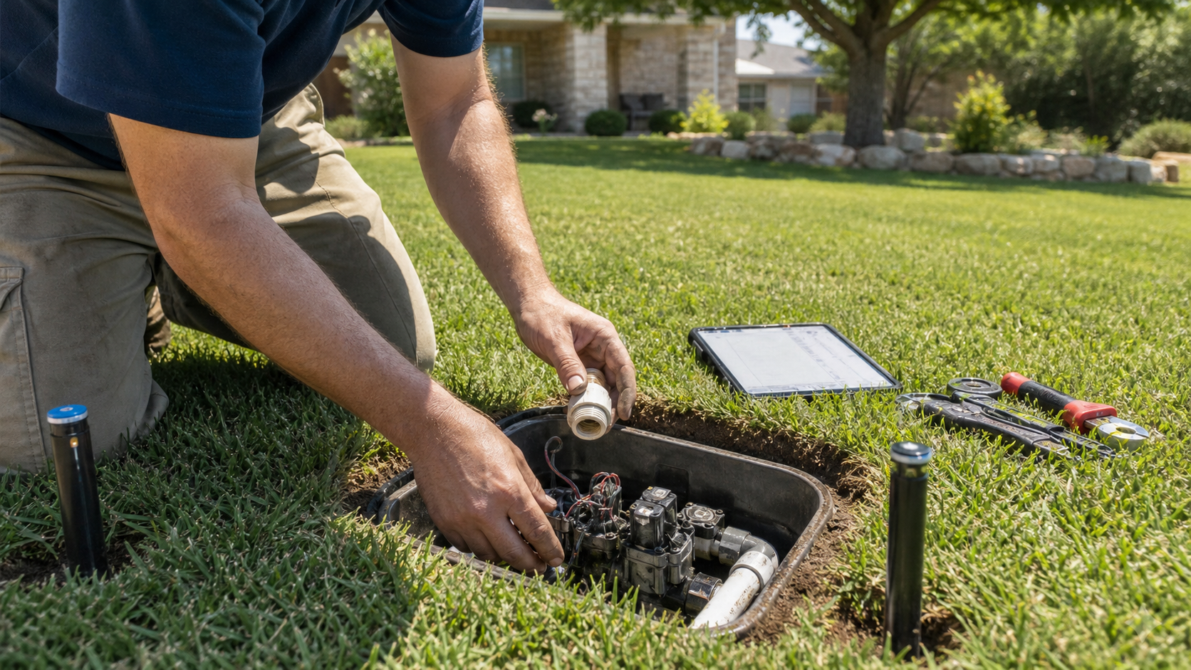 Irrigation technician inspecting an open sprinkler valve box with tools and a tablet on a Granbury lawn