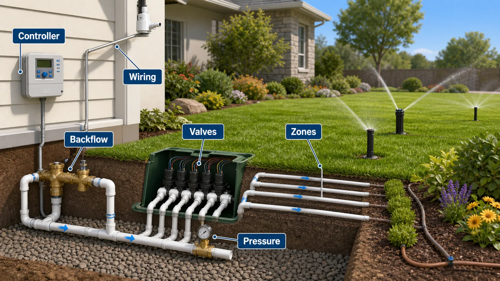 Diagram showing controller, backflow, valves, wiring, zones, and pressure points in a residential irrigation system