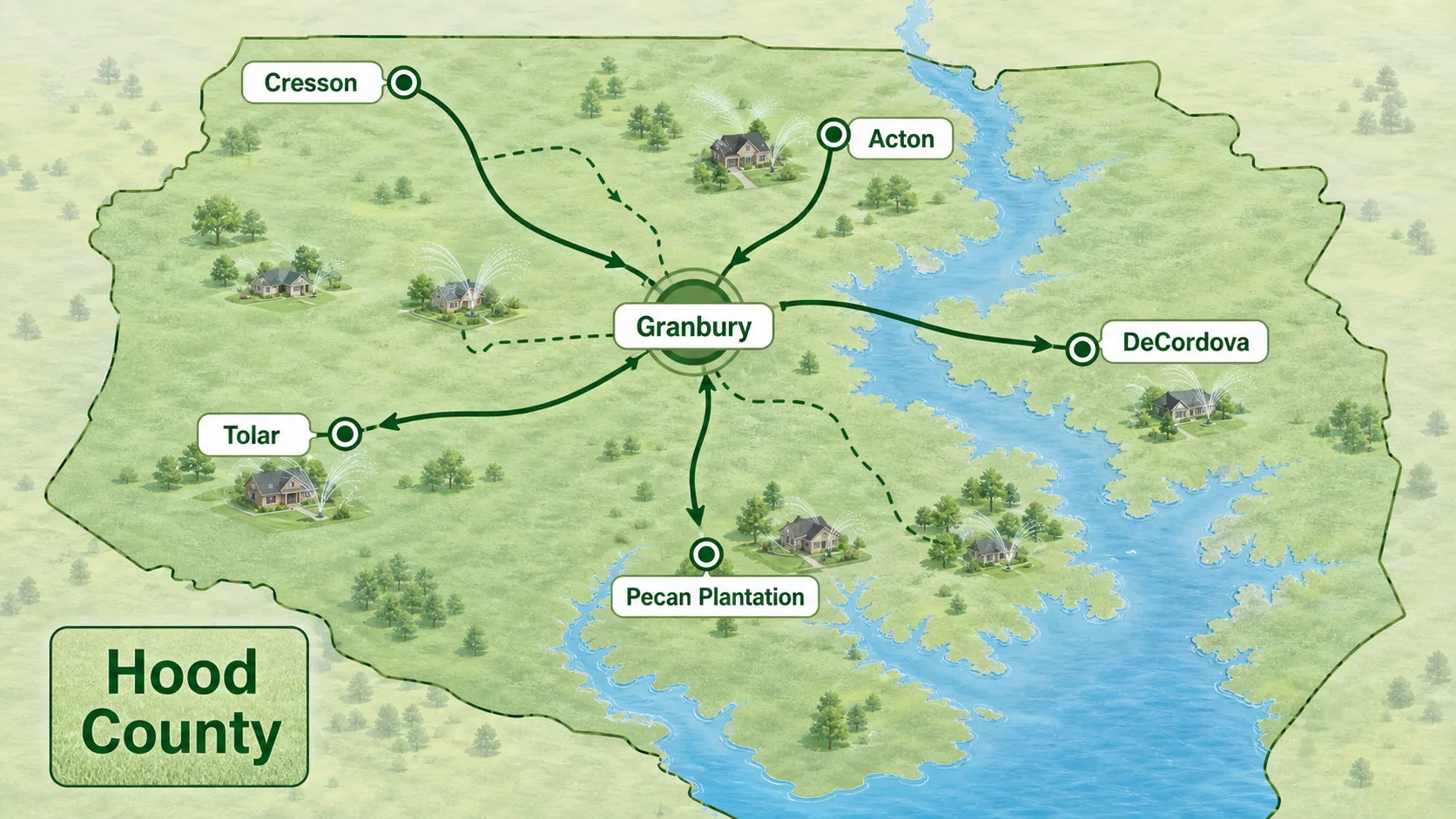 Simplified Hood County sprinkler repair service area diagram showing Granbury, Pecan Plantation, Acton, DeCordova, Tolar, and Cresson