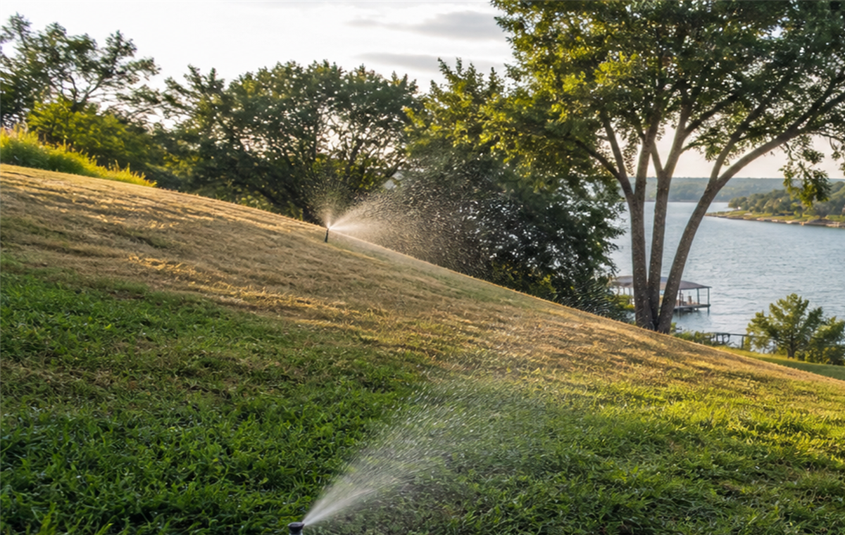 Upper side of a sloped lake-area lawn showing dry turf and sprinkler spray