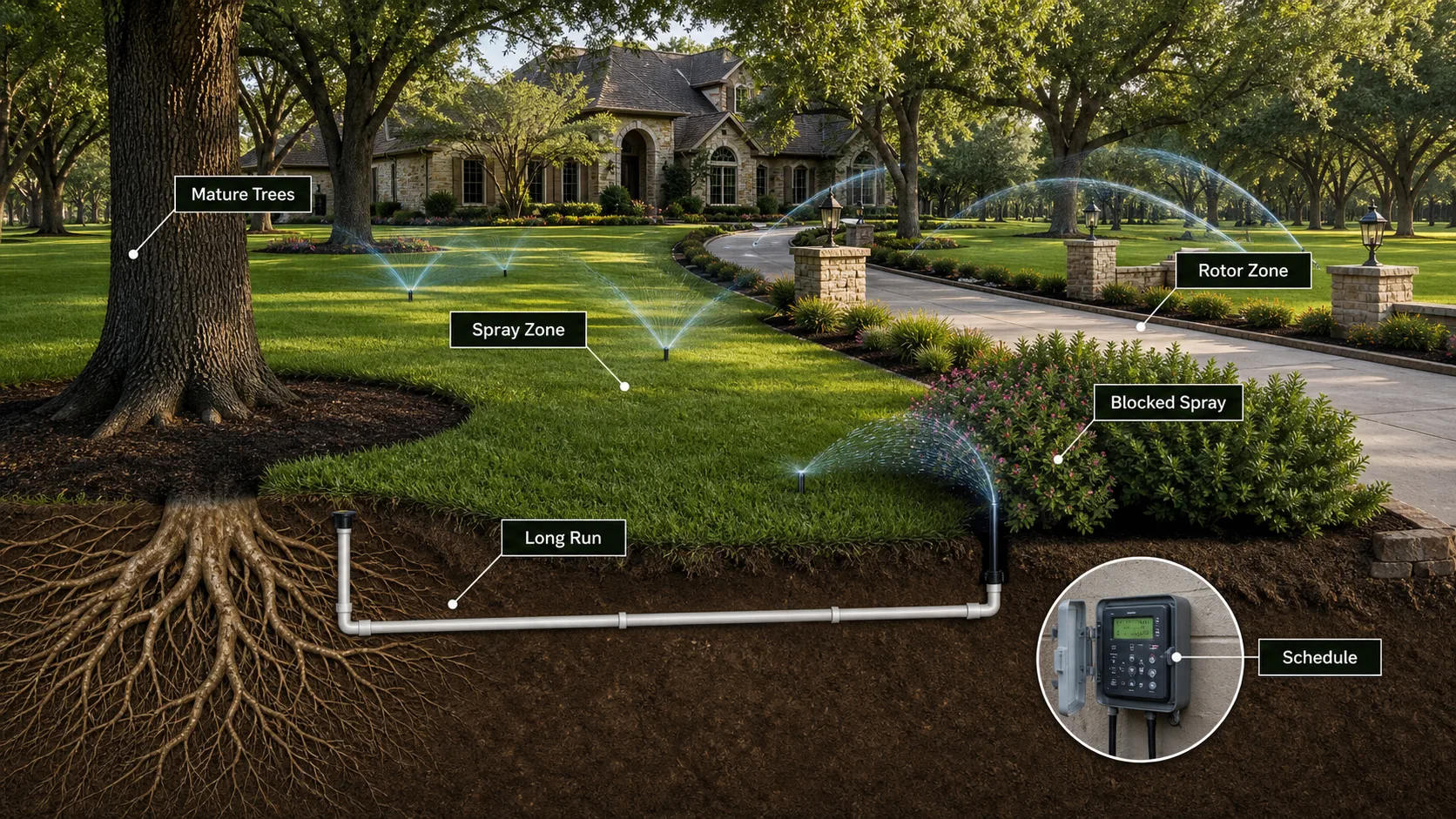 Diagram showing mature trees, long irrigation runs, blocked spray, rotor zones, and spray zones on a Pecan Plantation style lawn