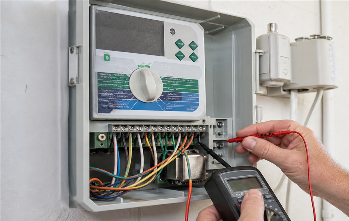 Open irrigation controller panel with station wires exposed for troubleshooting