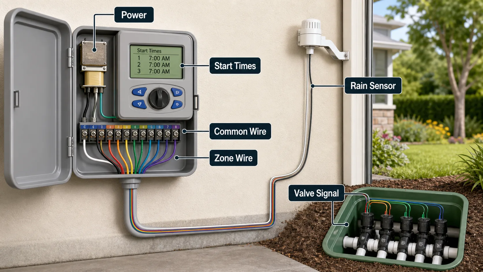 Diagram showing sprinkler controller power, start times, common wire, zone wire, rain sensor, and valve signal
