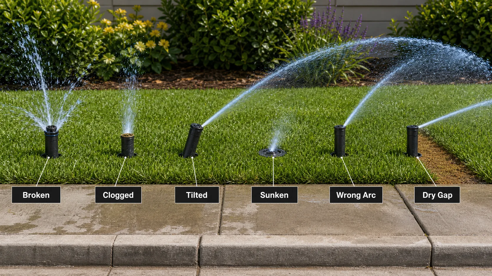 Diagram showing broken, clogged, tilted, sunken, wrong arc, and dry gap sprinkler head problems