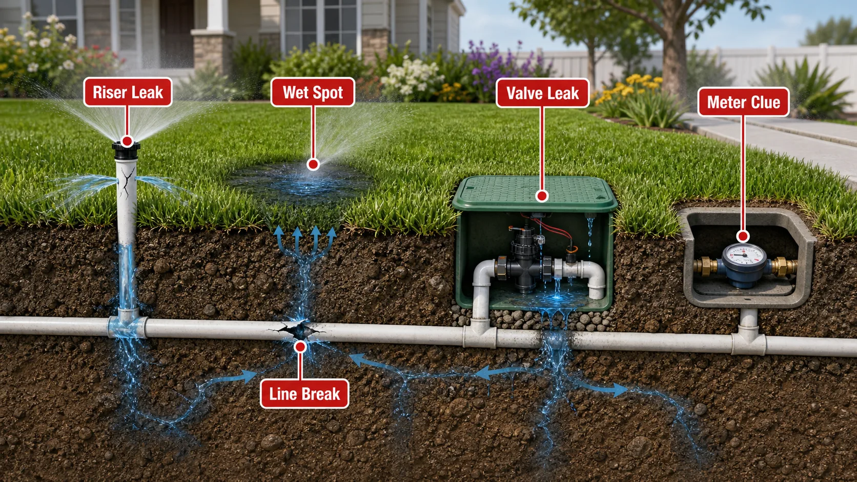 Diagram showing riser leak, lateral line break, valve leak, wet spot, and water meter clue for sprinkler leak diagnosis