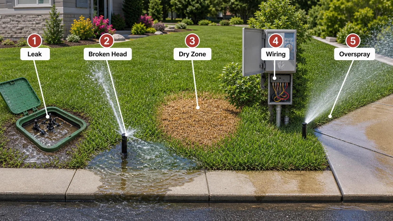 Diagram showing common sprinkler repair problems including leaks, broken heads, dry zones, wiring faults, and overspray