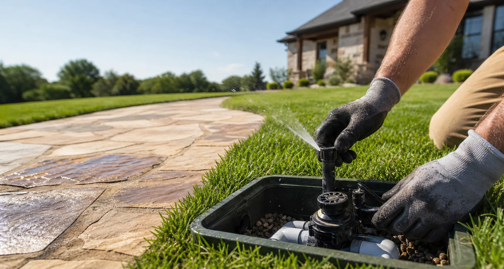 Gloved hands repairing a sprinkler head and valve box beside a Texas lawn