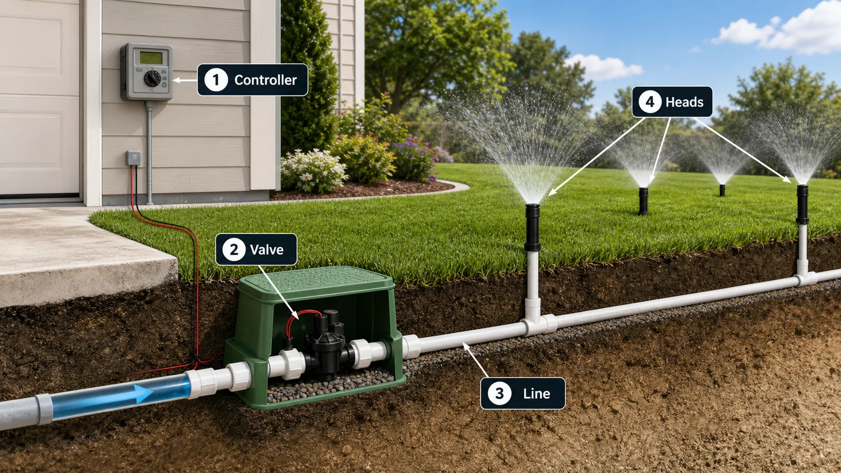 Diagram showing a residential sprinkler controller connected to a valve, irrigation line, and sprinkler heads