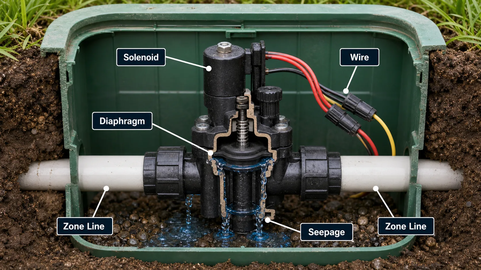 Cutaway diagram of a sprinkler valve box showing solenoid, diaphragm, wiring, seepage, and zone line connections