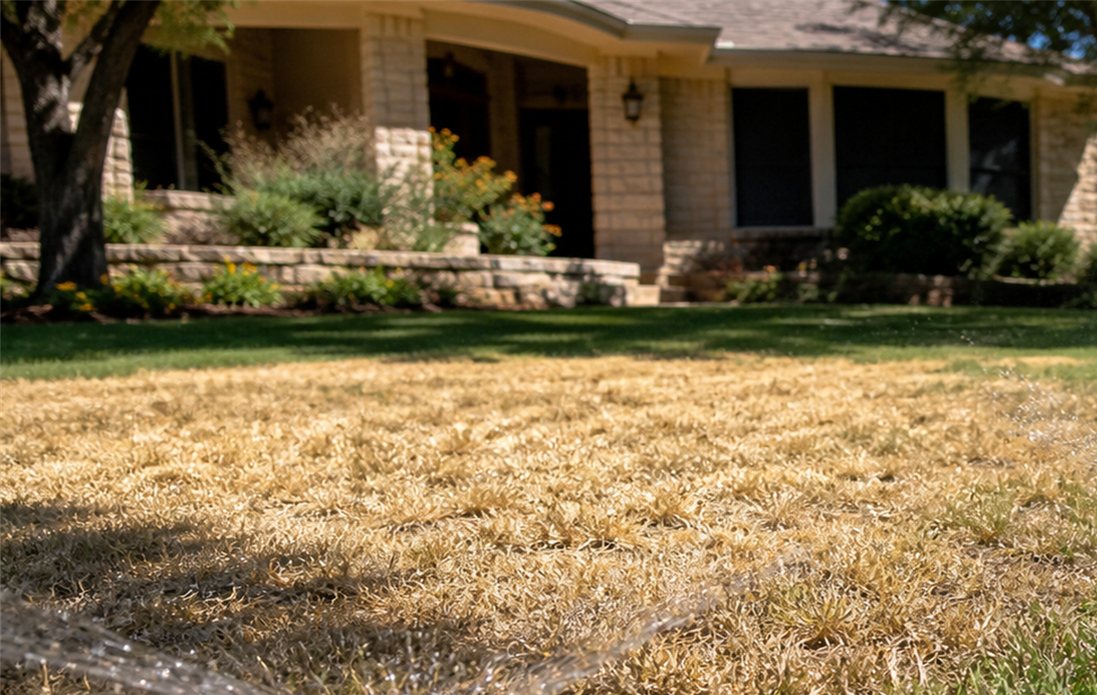 Weak sprinkler head spray over dry summer turf in Hood County
