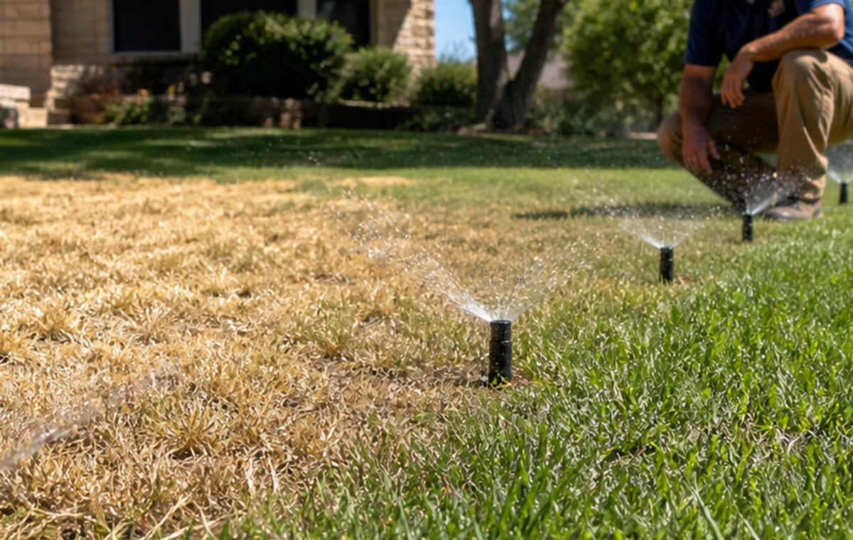 Technician observing one weak sprinkler zone beside healthier green lawn