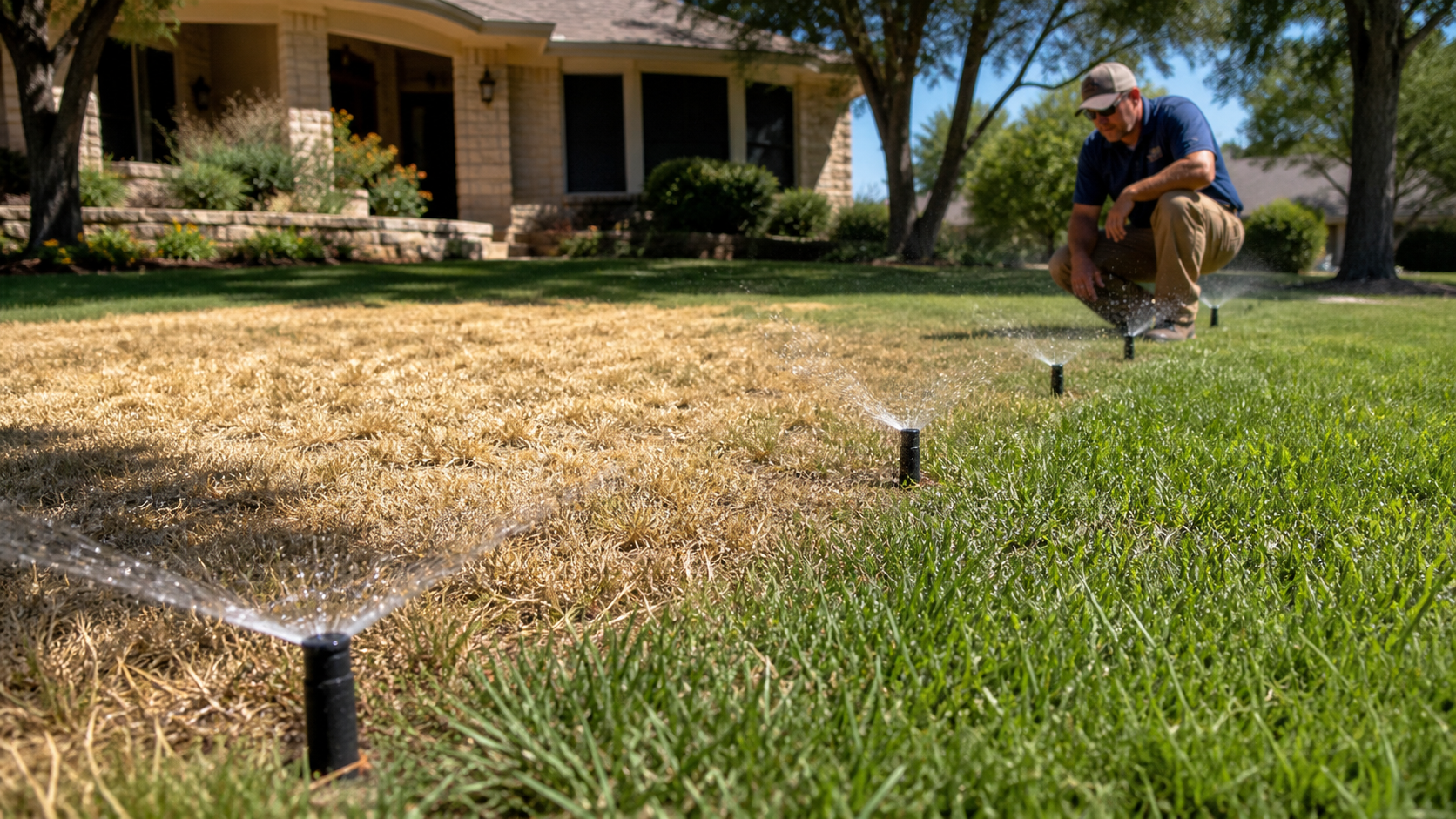 Low-pressure sprinkler zone watering unevenly across dry yellow turf and healthy green turf in summer